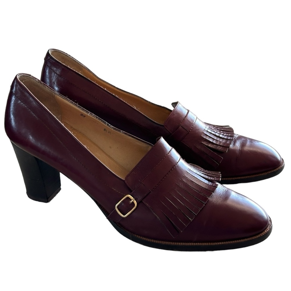 Women's Burgundy Leather Fringe Block Heel Loafers
